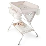 COSTWAY 3 in 1 Wickeltisch klappbar, mobile Wickelkommode mit Rollen, Wickelstation höhenverstellbar mit Mülleimer & Aufbewahrungskorb, tragbare Wickelauflage bis 11 kg Belastbar (Beige)