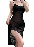 MIZSPISE Damen Unterwäsche Dessous Kleid Sexy Durchsichtiges Netzkleid Lang Transparent Mesh Babydoll Nachthemd mit seitlichem Schlitz Dessous Lingerie (Schwarz, Einheitsgröße)