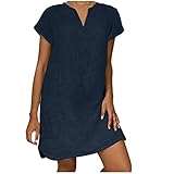 Leinenkleid Damen Kurzarm Sommerkleid Knielang Schlanke Leinenkleider Casual Blusenkleid Baumwolle Leinen Freizeitkleid V-Ausschnitt Strandkleider A-Linie Kleid Luftige Leinen Kleidung