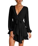 Wenrine Damen Kleider Sexy Tiefer V-Ausschnitt Freizeitkleid A Linie Rüschen Minikleid Langarm Wickelkleid mit Gürtel, Schwarz, XXL