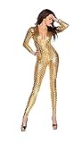 MIMIKRY Sexy Gold Metallic Damen Catsuit mit Loch-Muster Overall Anzug Bodysuit Disco 70er 80er, Größe:S