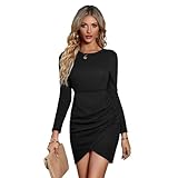 XFSRG Kleider Damen Rundhalsausschnitt Langarmkleid Sexy Bodycon Überkreuzter Saum Cocktail Enger Partykleid Midikleid Elegant Hohe Taille Festlich Party(Schwarz,S)