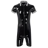 PODOLIXIA Herren Bodysuit Wetlook Body Ouvert Boxershorts Unterhemd Stehkragen Dessous Leder Seitlich transparent Männer Overall eng sexy mit Zip Catsuit