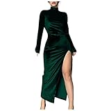 Hoodie Kleid Damen mit Kapuze Abendkleider lang Samt Split Rollkragen Midi Kleid Vintage Slim Fit Langarm Kleid Winter Party Einfarbig Samtkleid (Grün ， L)