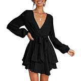 Damen Sexy Langarm Kleid V-Ausschnitt Wickelkleid Partykleid Tunika Kleider Einfarbig Elegant Cocktailkleid Casual Swing Skater Kleid Mini Kleid Abendkleider Rüschenkleid mit Gürtel