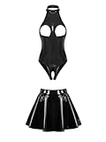FEESHOW Damen Wetlook Catsuit Ouvert Brustfreier Body Lackleder Rock Set Reizwäsche Offener Schritt Brüste Erotische Wäsche Schwarz L