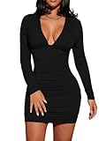 Haibang Figurbetontes Kleid Damen Elegant Sexy Tief V-Ausschnitt Minikleid Bodycon Langarm Wickelkleid Rüschen Langarmkleid Bleistiftkleid Stretch Partykleid Cocktailkleid Clubbing Kleid Kurz