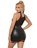 comeondear Lederkleid Damen Sexy Cuvy PU-Leder Dessous Wetlook Kleid Kurz Große Größen Neckholder Minikleid Partykleid Frauen Mollig Mesh Negligee Bodycon Dress Clubwear Reizwäsche Outfit Schwarz,L