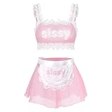 LittleForBig Unisex Einstellbare Spitzenband Nachtwäsche Mesh Lingerie Loungewear Sissy Maid Durchsichtige Bralette Rocked Panties Set mit abnehmbarer Schürze Rosa M