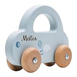 minipishop® Baby Geschenk personalisiert Junge Spielzeug Holzauto Blau I Erstes Auto mit Namen als Geschenkidee zur Geburt Holzspielzeug ab 1 Jahr