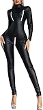 FEOYA Damen Leder Body Langarm Frauen Wetlook Bodysuit Catsuit Langarm Einteiler Overall Jumpsuit Playsuit Sexy Damen Latex Catsuit Ouvert Reißverschluss Body Wetlook Bodysuit E-Schwarz 3XL