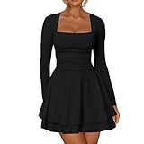 RPAEOY Kleid Damen Sexy Langarm Quadratischer Ausschnitt Minikleid Rüschen Eng Kurz Bodycon Elegant Cocktailkleid Abendkleider Partykleid (M)