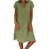 Leinenkleid Damen Sommer - Sommerkleid Damen Knielang -T Shirt Kleid Damen Große Größen Lässiges Lockeres Blusenkleid V Ausschnitt Baumwolle Leinen Einfarbige Vintage Kleider Freizeitkleid Shirtkleid