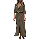 Hemdblusenkleid Damen Einfarbige Locker Kleider Frühlingskleid Damen Sommerkleidung Damen Kleider Damen Sommer, A-Linie Kleider Mit Gürtel Etuikleid Damen Elegant Langes Kleid Damen