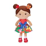 OUOZZZ Baby Puppe, Weiche Stoffpuppe Mädchen mit Brauner Hautd, Stoffpuppen Kuschelpuppe für Kinder ab 3 Monaten - Baby Geschenk zur Geburt Mädchen Jungen, 33cm