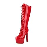 Veelau Meieer Damen Stiefel Kniehoch Plateaustiefel Schnürstiefel mit Plateau Blockabsatz Rot 39 EU