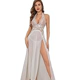 QeeFop Damen Dessous V-Ausschnitt Spitze Strapsen Kleid Bodysuit Longe Nachtwäsche Seitlich Geschlitztes Negligee Unterwäsche Langer Rock mit Tanga