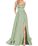 HAHAEMMA Damen Elegant Lange Ballkleider mit Taschen Satin A-Linie Backless Hochzeitskleid Abendkleider Sexy Neckholder Spaghetti Brautkleid Kleider Lang Prinzessin Brautjungfer Kleid (LG-M)