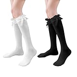 Matsizen 2 Paar Rüschen Kniestrümpfe Socken mit Rüschen Damen Socken Kniestrümpfe Weiß Hohe Lolita- mit Spitzenschleife Geeignet für Mädchen und Damen (Schwarz Weiß)