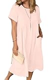 Sommerkleid Damen Leinen Kleider Casual V-Ausschnitt Midikleid Kurzarm A-Linie Kleid Strandkleid (E Rosa, M)