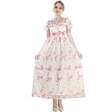 CR ROLECOS Regency Kleid Empire Kleider Prinzessin Kleid Damen Tüll mit Handschuhen Viktorianisches Ballkleid Damen Lang Abendkleid Rosa M