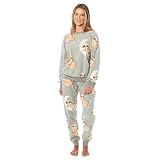 Daisy Dreamer Bedruckter Fleece-Schlafanzug für Damen, weich und warm, Nachtwäsche, Loungewear, Nachtwäsche, langärmeliges Oberteil, Damen-Pyjama mit Tierdruck, Faultier, XL