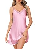 Wikoan Negligee Damen Sexy Nachthemd Satin mit Spaghettiträger Spitze V Ausschnitt Babydoll Dessous Sexy Nachtkleid Verstellbare Träger Kleid Dunkles Rosa L