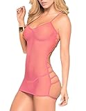 ROSVAJFY Damen Sexy Netz Minikleid Rückenfreies Hohles Babydoll Dessous Elastisches Transparentes Netz Bodycon Kleid (Rosa)