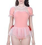 Landofgenie Baumwolle Damen Onesie Fancy Mesh Strampler Einteiliger Pyjamas mit Blasenärmel Babydoll Bodysuit Für Frauen - Magisches Mädchen M