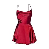 Satin-Kleid für Frauen rückenfreies kurzes Strampler Kleid Sexy Wasserfallausschnit Rüschen Spaghettiträger Jumpsuit Minikleid Rot L