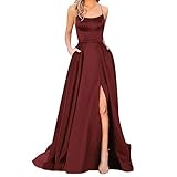 Damen Elegant Lange Ballkleider Satin A-Linie Abendkleider mit Taschen Backless Hochzeitskleid Sexy Neckholder Spaghetti Brautkleid Kleider Lang Prinzessin Brautjungfer Kleid Brautkleid Partykleid (S)
