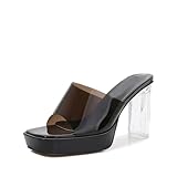Damen-Sandalen mit Absatz, transparente Plateau-Pantoletten-Sandalen, 3,5 Zoll/9 cm große Blockabsatz-Hausschuhe, Hochzeits-Braut-Partykleid-Schuhe,Schwarz,46