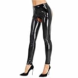 inlzdz Damen Wetlook Leggings Lederhose Glänzend Offen Ouvert-Hose Dessous Strumpfhose Pantyhose Lange Pants Reizwäsche Clubwear Schwarz Schwarz M