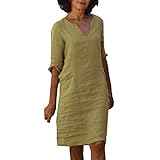 Leinenkleid Damen V-Ausschnitt 3/4 Ärmel Sommerkleid A-Linie Leinenkleider Baumwolle Leinen Knielang Sommer Kleid Blusenkleid Freizeitkleid Strandkleider,Khaki,XXL