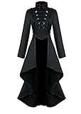 Damen Steampunk Vintage Frack Jacke Unregelmäßiger Saum Gothic Kleidung Viktorianischer Gehrock Lang Mantel Renaissance Mittelalter Cosplay Uniform Halloween Kostüm für frauen(Schwarz,L)