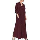 Hemdblusenkleid für Damen Einfarbiges Baumwoll-Leinen-Kleid Knöchellanges Vintages langes Kleid Langärmliges Cardigankleid mit Umlegekragen und Knöpfen mit Taschen Herbst Winter Maxikleid(2XL,Rot)