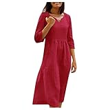 Schwarzes Kleid Damen Kleid Langarm Damen T Shirt Kleid Damenfrauen Einfarbig V-Ausschnitt 3/4 ÄRmel Leinenkleider Knielang Elegant Baumwolle Leinen Midikleid Crossdresser Kleid (Rot, L)