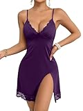 Weardear Negligee Sexy Babydoll Nachtwäsche Sleepwear Tiefer V-Ausschnitt Nachthemd für Damen Spitze Nachtkleid Dessous mit Spitzen, Lila XL