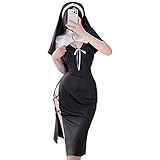 SNOMYRS Sexy Nonne Kostüm Für Frauen Japanische Kawaii Dessous Halloween Bodysuit Frauen Nonne Kleid Uniform Die Nonne Cosplay Kostüm Mit Kopfbedeckung, Einheitsgröße, Schwarz