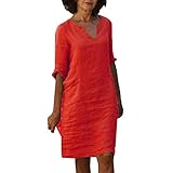 Leinenkleid Damen V-Ausschnitt 3/4 Ärmel Sommerkleid A-Linie Leinenkleider Baumwolle Leinen Knielang Sommer Kleid Blusenkleid Freizeitkleid Strandkleider,Rot,3XL