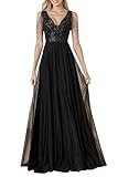 HOMEYEE Damen Vintage Pailletten Mesh Glitzer V-Ausschnitt Party Ballkleid Sexy Rückenfrei Abendkleider A-Linie Hochzeitskleid A488 (S, Schwarz)