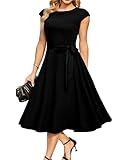 DRESSTELLS Cocktail Halloween Kleid Damen Schwarz Elegant 1950er Knielang Rockabilly Hochzeitkleid Vintage Swing Festlich Midilang Abendkleid Kurz Kleid Black 2XL