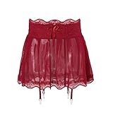 GENEMEN Herren Rüschen Rock Netz Tüll Sissy Sexy Durchsichtig Kleid Crossdresser Kleidung Mit Strumpfbändern (Wein Rot)