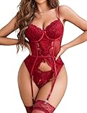 Avidlove Damen Body Sexy Dessous Set Spitze Reizwäsche Babydoll Corsage Curvy Teddy Bodysuit V-Ausschnitt Unterwäsche Lingerie BH- und Höschen-Set，RotXL