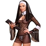 SNOMYRS Nonne Kostüm Anime Rollenspiel Cosplay Dessous Mesh Naughty Sexy Die Nonne Outfit Mini Kleid Halloween mit Hut