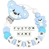 Kowlone Schnullerkette mit Namen Jungen mädchen Personalisiert Teddy Bär Schnuller Clips Halter(Hellblau)