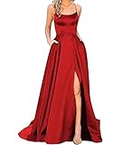 xxxiticat Damen Elegant Lange Ballkleider mit Taschen Satin A-Linie Backless Hochzeitskleid Abendkleider Sexy Neckholder Spaghetti Brautkleid Kleider Lang Prinzessin Brautjungfer Kleid (RE-L)