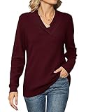 IECCP Pullover Für Damen Oberteile Elegant Langarm Strickpullover Mit Revers V-Ausschnitt Pulli Damen Rotwein L