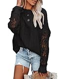 Maavoki Pullover Damen Spitze Strickpullover, Lässige Rundhals Lace Langarm Häkelpullover, Elegantes Einfarbig Stricktop Patchwork Oberteile Stricken Langarmshirt Schwarz L