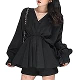 Frauen Laterne Hülse Rüschen Bluse Langarm Swing Blusen Kleid Hemd Top V-Ausschnitt Elastische Taille Plissee Tops, blacks, XL
